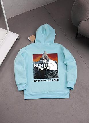 Утеплене худі the north face бірюзове з принтом гори на спині, чоловіча флісова кофта зе норд фейс на зиму