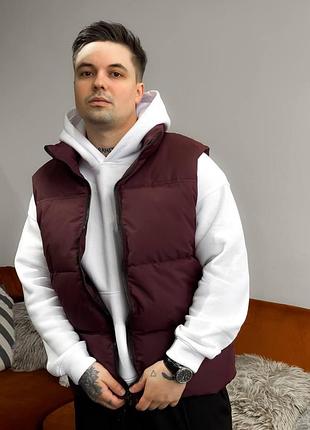 Чоловіча бордова жилетка безрукавка без капюшона на пуху, тепла жилетка, чоловіча дута безрукавка l