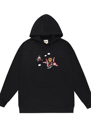 Мужская черная кофта bape на осень худи для парня с капюшоном и карманом-кенгуру кофта трехнитка m