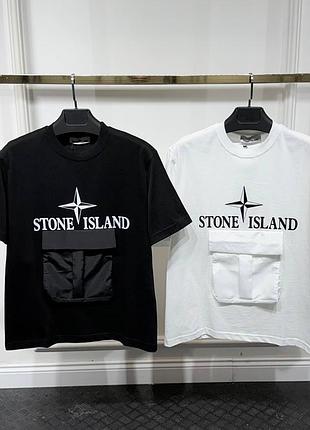 Мужская футболка stone island с карманом черная / белая