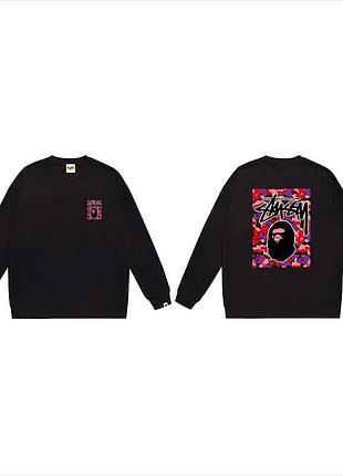 Чоловіча толстовка stussy чорного кольору з принтом на спині світшот стуссі бавовняний кофта stussy оверсайз