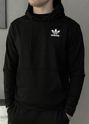 Черная кофта мужская adidas с капюшоном худи черного цвета на мужчину осенняя легкая кофта черная худи адидас