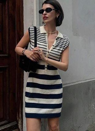 Сукня жіноча zara з комірцем поло в смужку міні біло-синя розмір м