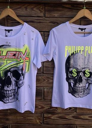 Женская белая хлопковая футболка с черепом philipp plein