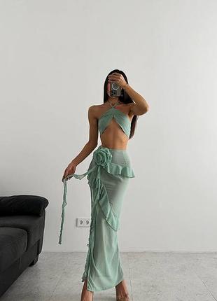 Шифонова пляжна сукня с рюшами і трояндою