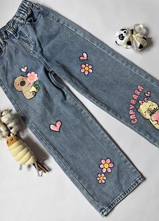 🌸 джинси wide leg shein з милими ведмедиками та квітами 8 років 🌸