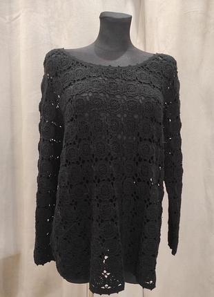 Черный ажурный кардиган / кофта вязаный крючком laura ashley, размер xl / 44 (eur)