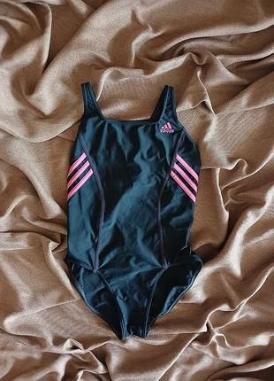 Спортивный цельный купальник adidas оригинал с розовыми полосами