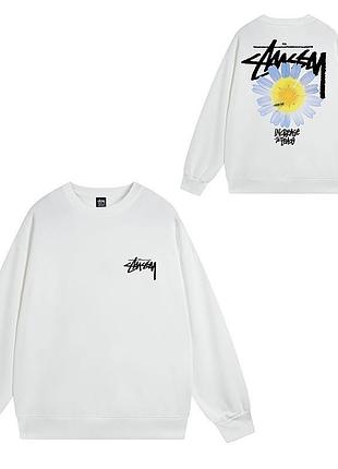 Біла кофта stussy унісекс з яскравим принтом на спині світшот стуссі оверсайз лонгслів stussy для осені