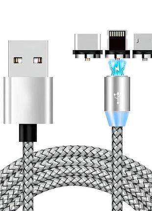 Магнитная зарядка x-cable 3в1, кабель usb type-c micro usb lightning, серебристый шнур с подсветкой
