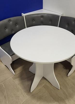 Кухонний куточок боярин пехотін 110х110 та круглий стіл 80 білий/екошкіра сірий