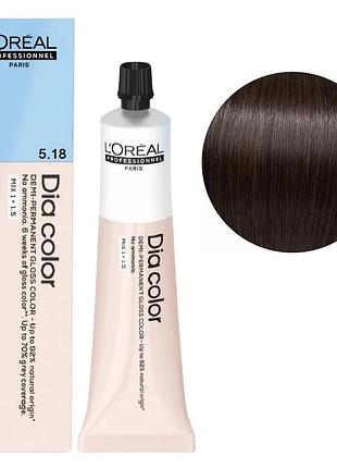 Безаммиачная краска тонирующая l'oreal professionnel paris на щелочной основе dia color 5.18 светлый каштановый сандре мокка 60 мл