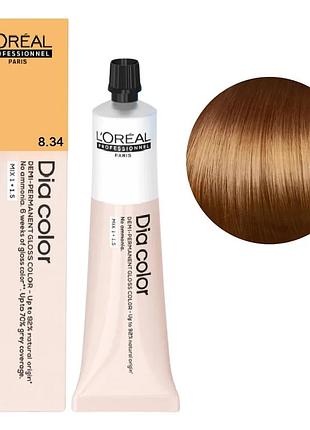 Безаміачна фарба тонувальна l'oreal professionnel paris на лужній основі dia color 8.34 блондин світлий мідний золотистий 60 мл