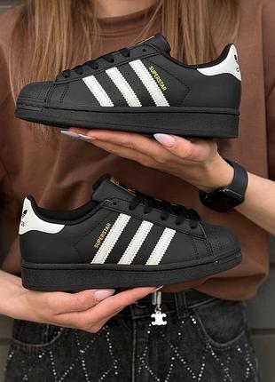 Женские кроссовки adidas superstar черные качественная экокожа
