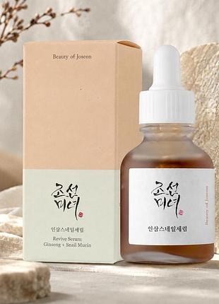 Сироватка для обличчя beauty of joseon serum ginseng + snail mucin 30 мл - відновлююча сироватка з женьшенем та муцином равлика