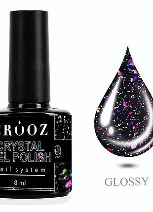 Crooz crystal №9 – чорний світловідбивний гель-лак з фіолетовими блискітками