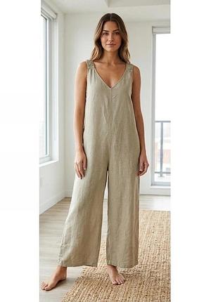 Комбінезон zara лляний wide leg, хакі/оливковий, m