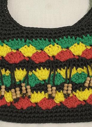 Vintage - jamaica reggae rasta style - вязаная крючком cумка, раста - с бахрамой и бусы - 20 х 30 см