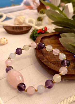 🔺💗💜браслет натуральний рожевий кварц, аметист, кварц різнокольоровий