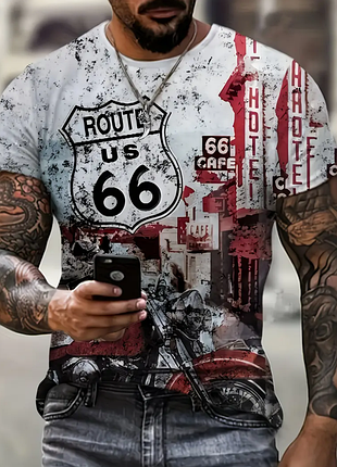 Футболка мужская в стиле ретро route 66 мотоцикл и неоновые вывески