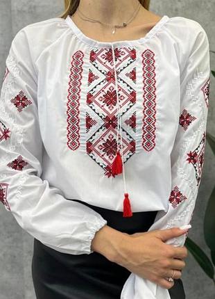 Традиционная белая украинская детская вышиванка вышитая крестиком красный черный круглая горловина длинный рукав реглан поплин для девочки 8-9 лет 134 см