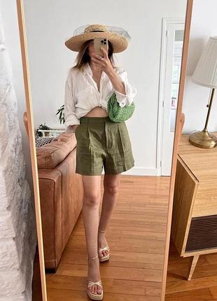 Шорты из льна хаки короткие s m zara 8047/389