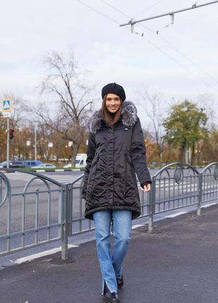Зимняя парка водоотталкивающий атлас мех чернобурки