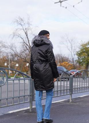 Зимняя парка водоотталкивающий атлас мех чернобурки