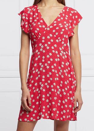 Платье pepe jeans  xs, s, модель mila, вискоза, летнее красное с цветочным принтом и оборками на рукавах, червона міні сукня у квітковий принт