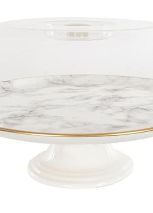 Тортівниця на ніжці alba ceramics marble керамічна з кришкою 30 см білий мармур 769-024