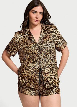 Жіноча піжама (шорти + сорочка) victoria's secret (5951666948) satin l чорна (леопардовий принт)