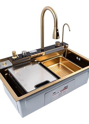 Кухонна мийка platinex handmade pvd gold 75*45 водоспад (зі змішувачем, дошкою, дозатором, краником, сушаркою в комплекті), золота