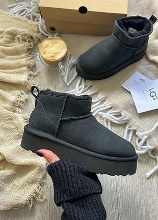 Женские зимние угги ugg ultra mini platform black, теплые ботинки на платформе, обувь на овчине мех на зиму