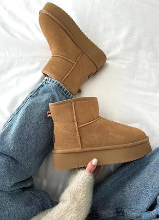 Женские рыжие замшевые угги ugg mini platform, зимняя обувь на платформе, ботинки на овчине мех угг мини 39