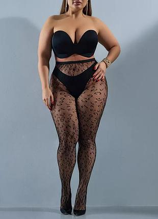 Колготки леопард в сеточку черные бесшовные 80639 xs-xxxxl