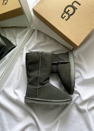 Жіночі угги ugg classic tall ii boot metallic, сірі замшеві черевики на хутрі овчина на зиму, класік шорт