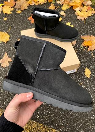 Жіночі натуральні угги ugg classic mini, чорні замшеві високі черевики на овчинні, шкіряна пятка, класік міні