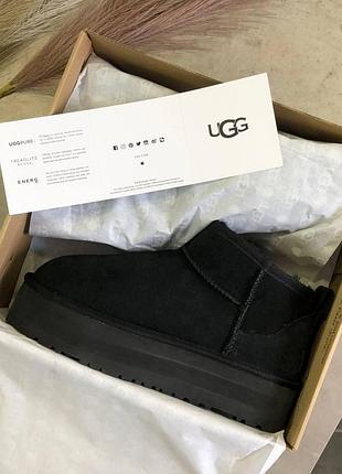 Жіночі зимові чорні угги ugg classic ultra mini platform black, теплі жіночі черевики, якісне високе взуття на зиму угги