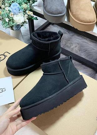 Жіночі зимові угги ultra mini black suede platform, теплі жіночі черевики, якісне високе прошите взуття на зиму угги міні