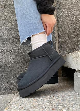 Женские зимние угги ugg ultra mini platform black, прошитые ботинки на платформе, обувь на меху овчина на зиму 39