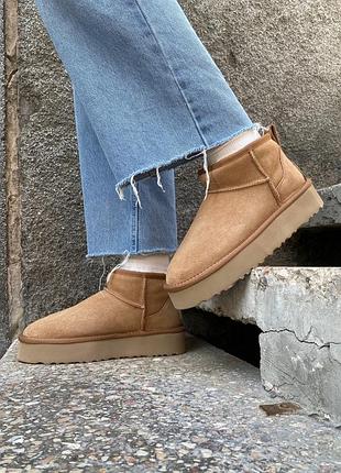 Жіночі зимові угги ugg classic ultra mini platform chestnut, теплі жіночі черевики, якісне високе взуття на зиму угги класік міні