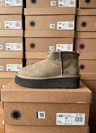 Жіночі зимові угги ugg ultra mini platform khaki, теплі жіночі черевики, якісне високе взуття на зиму угги класік міні