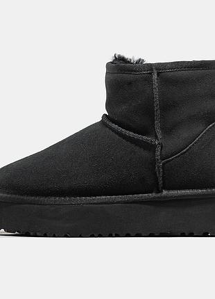 Жіночі чорні шкіряні угги ugg mini platform black, зимове взуття на платформі, черевики висока підошва угг міні шкіра