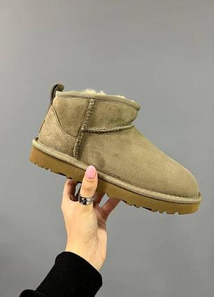 Женские зимние угги ugg ultra mini khaki, женские замшевые хаки ботинки,обувь на меху овчина прошите,зима міні 37