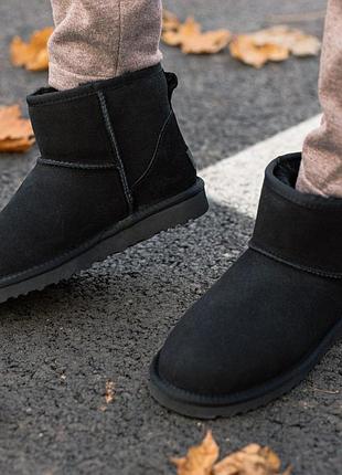 Унісекс замшеві угги ugg classic mini, чорні жіночі черевики на овчині, чоловіче взуття високе класік міні