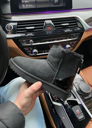 Женские зимние черные угги ugg mini zip black lacquer, кожаные ботинки на замочке, обувь на овчине мех мини зи 39