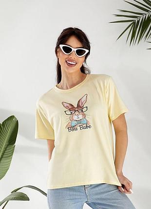 Жіноча футболка оверсайз з принтом rabbit з куліру (жовтий, 42-46)