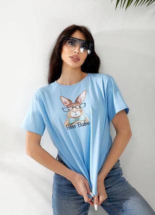 Женская футболка оверсайз с принтом rabbit из кулира (блакитний, 42-46)