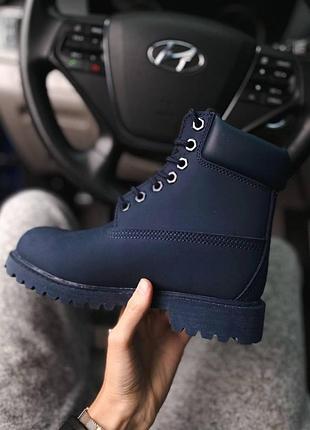 Женские ботинки зимние timberland dark blue fur, нубук обувь черная на меху овчина, тимберленд на шнуровке