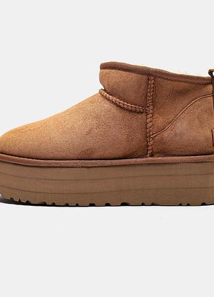Жіночі зимові угги ugg ultra mini platform , взуття високій платформі, руді черевики на зиму на овчині хутро ультра міні